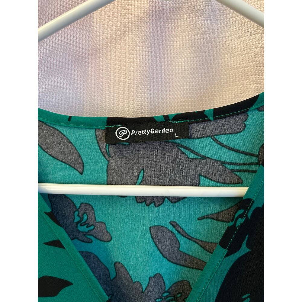 Pretty Garden Wrap Dress Emerald Green Black Floral Maxi Short Sleeve Size Large - Picture 7 of 9